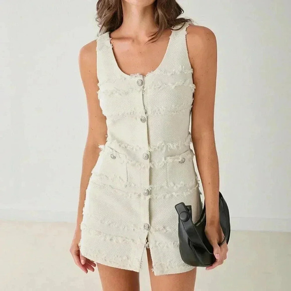 White Casual Women's Single-Breasted High-End Tassel Tweed Sleeveless Dress - Picture 3 of 8